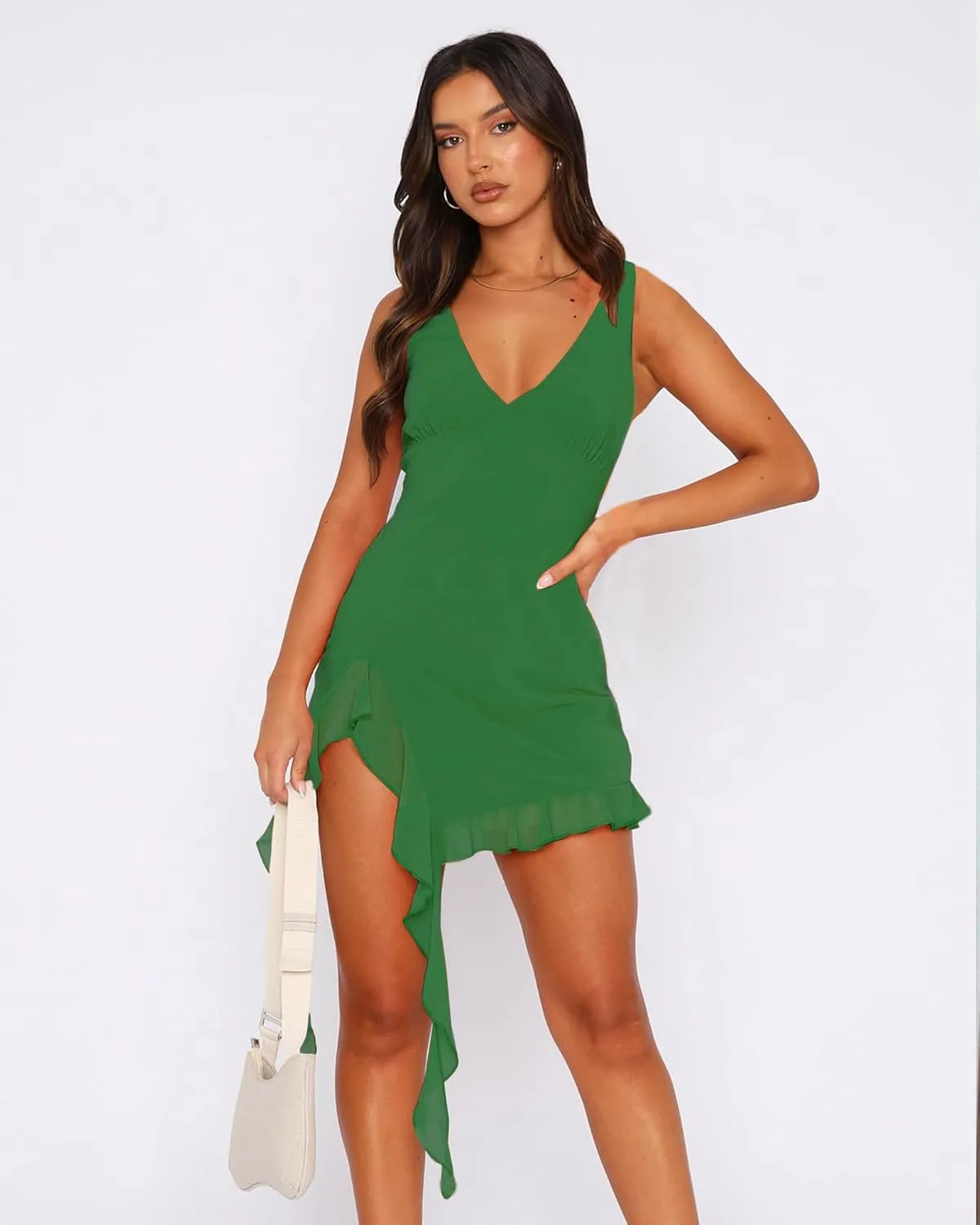 Women's Summer Bodycon Dresses Sexy V Neck Backless Y2K Slit Ruffle Trim Fringe Cocktail Party Mini Mesh Tank Dress