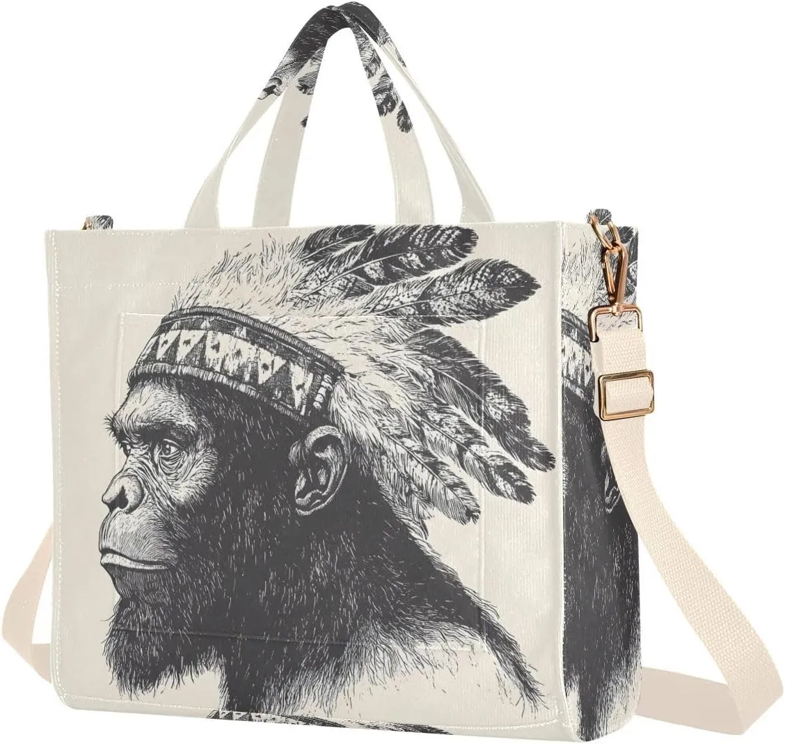 Women's Tote Bag Gorilla Chief Print, Corduroy Handbags Purses with Detachable Strap Small