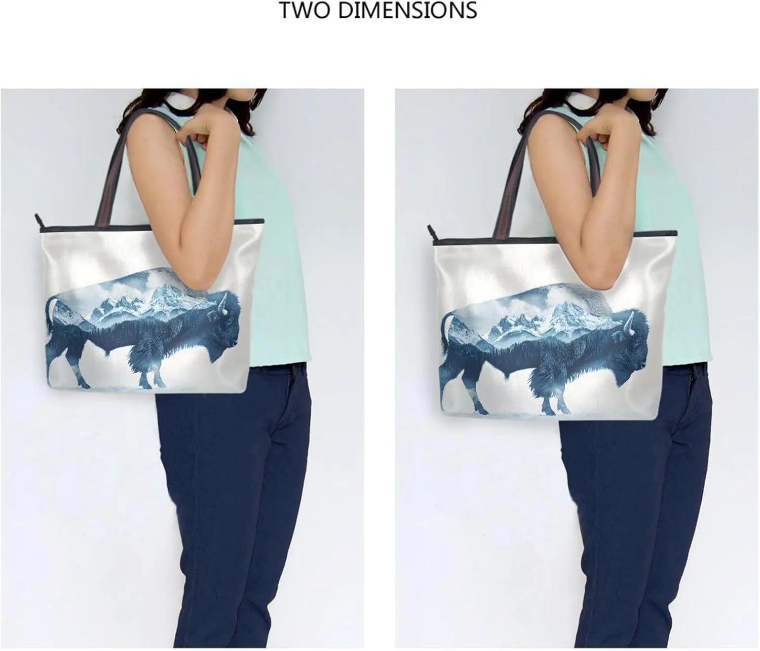 Women's Tote Bag Mountain Bison Print, Large Capacity Zipper Shoulder Bags Pruse Handbag Reusable Grocery Bag Large