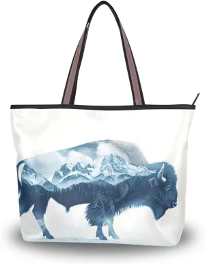 Women's Tote Bag Mountain Bison Print, Large Capacity Zipper Shoulder Bags Pruse Handbag Reusable Grocery Bag Large