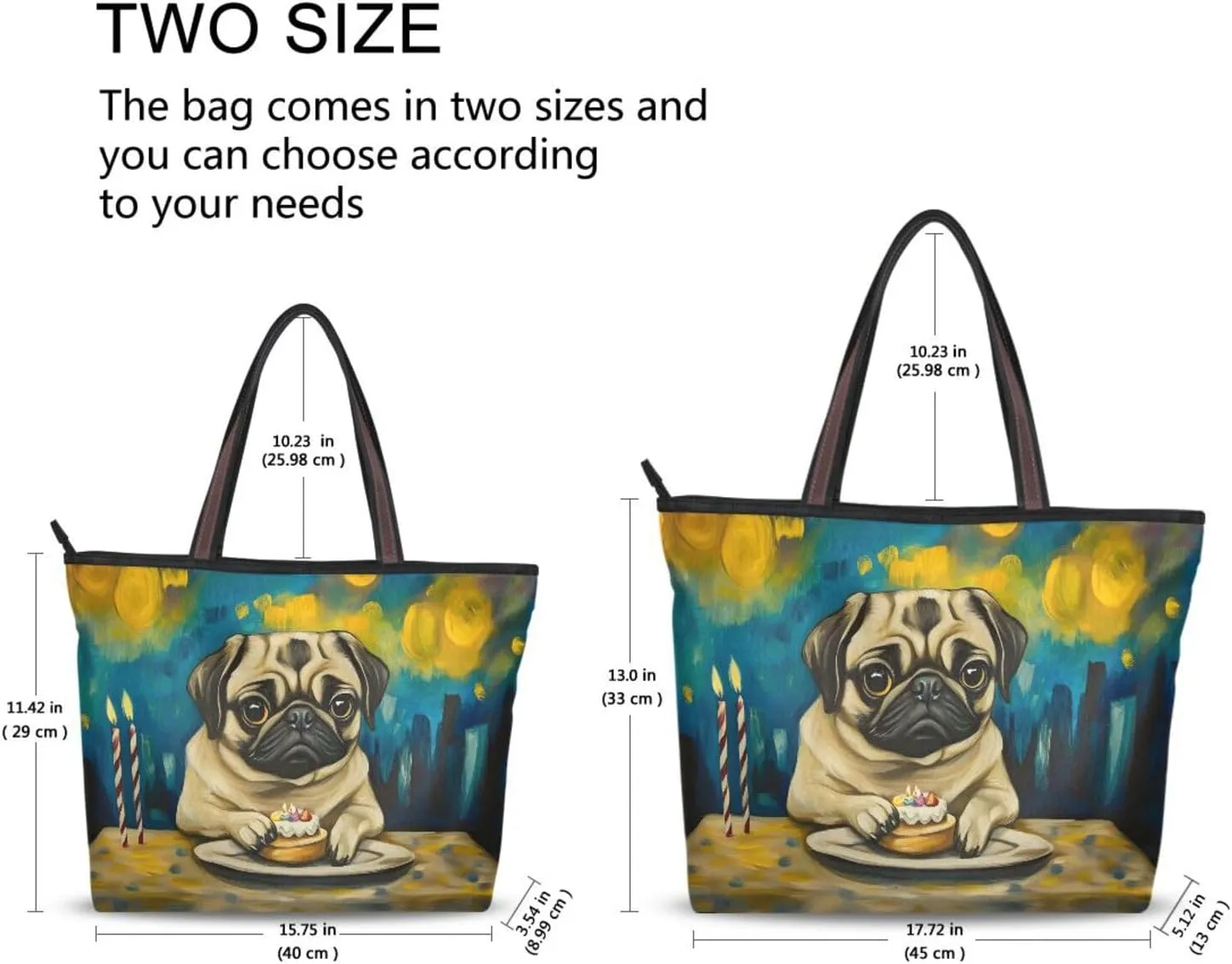 Womens Tote Bags Pug Birthday Print Reusable Grocery Handbag Bags with Zipper Large Size