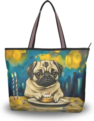 Womens Tote Bags Pug Birthday Print Reusable Grocery Handbag Bags with Zipper Large Size