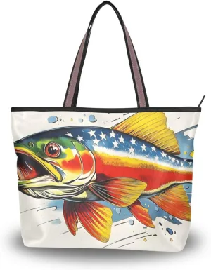 Women's Tote Bags Trout America Print Reusable Grocery Handbag Bags with Zipper Large Size