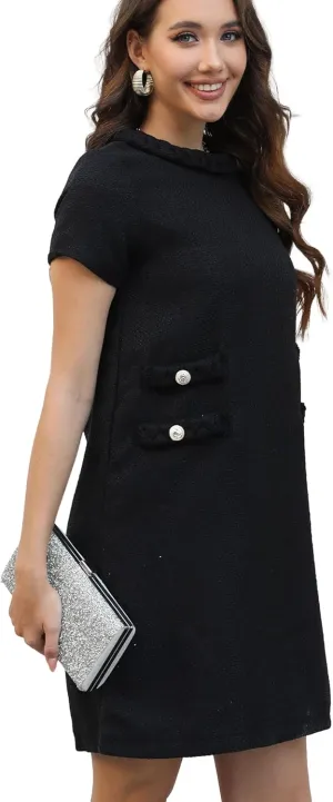 Womens Tweed Jackie Dress Elegant Crew Neck Short Sleeve Button Bodycon Mini Dress