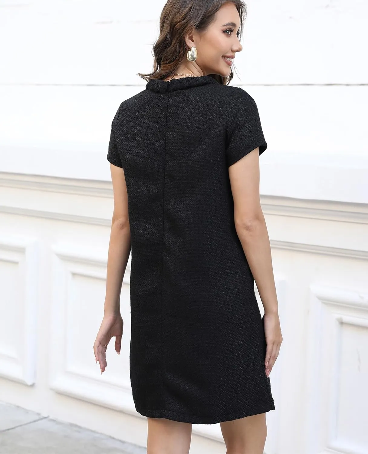Womens Tweed Jackie Dress Elegant Crew Neck Short Sleeve Button Bodycon Mini Dress