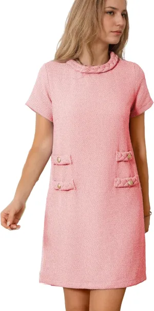 Womens Tweed Jackie Dress Elegant Crew Neck Short Sleeve Button Bodycon Mini Dress