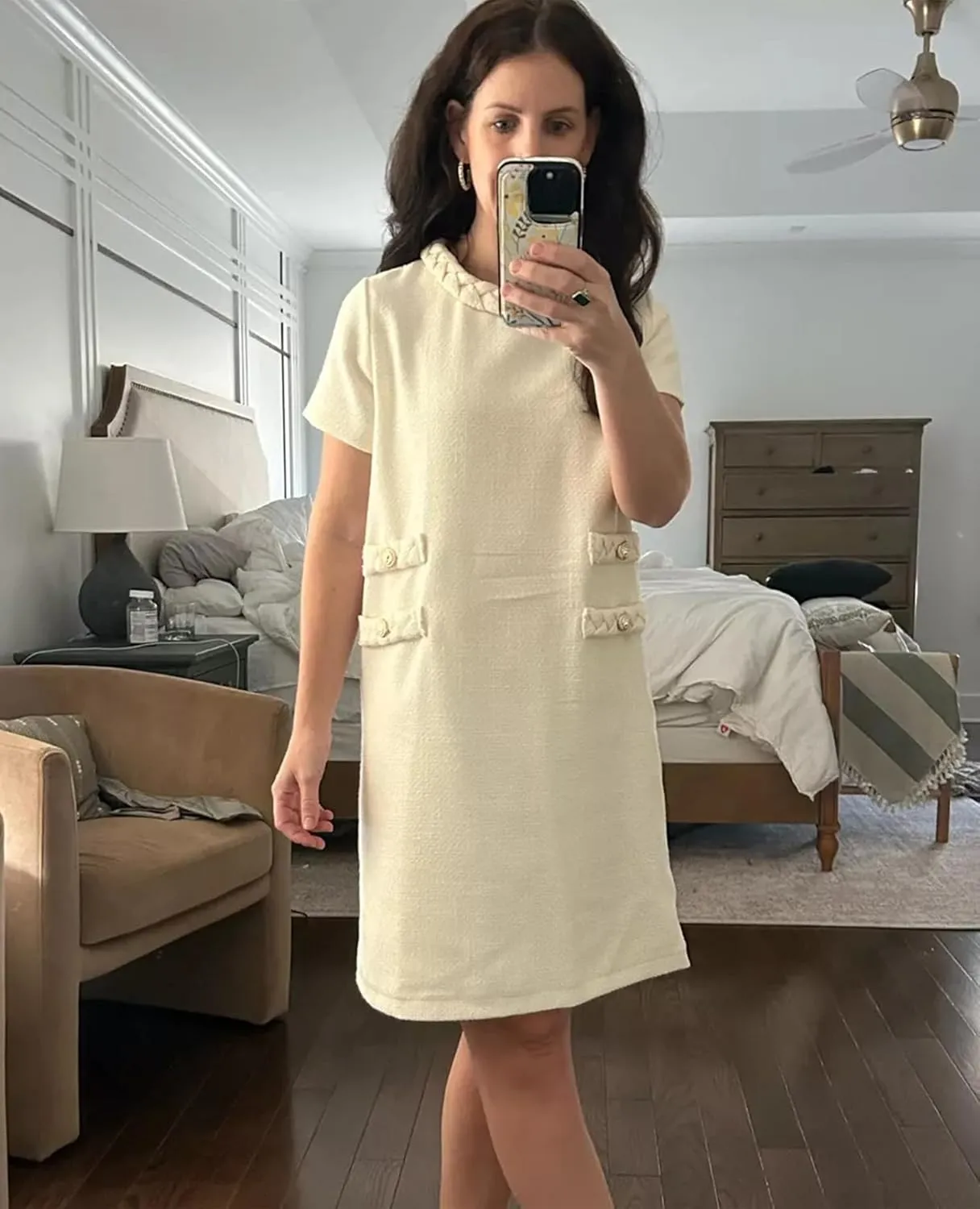 Womens Tweed Jackie Dress Elegant Crew Neck Short Sleeve Button Bodycon Mini Dress