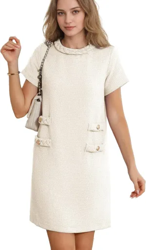 Womens Tweed Jackie Dress Elegant Crew Neck Short Sleeve Button Bodycon Mini Dress