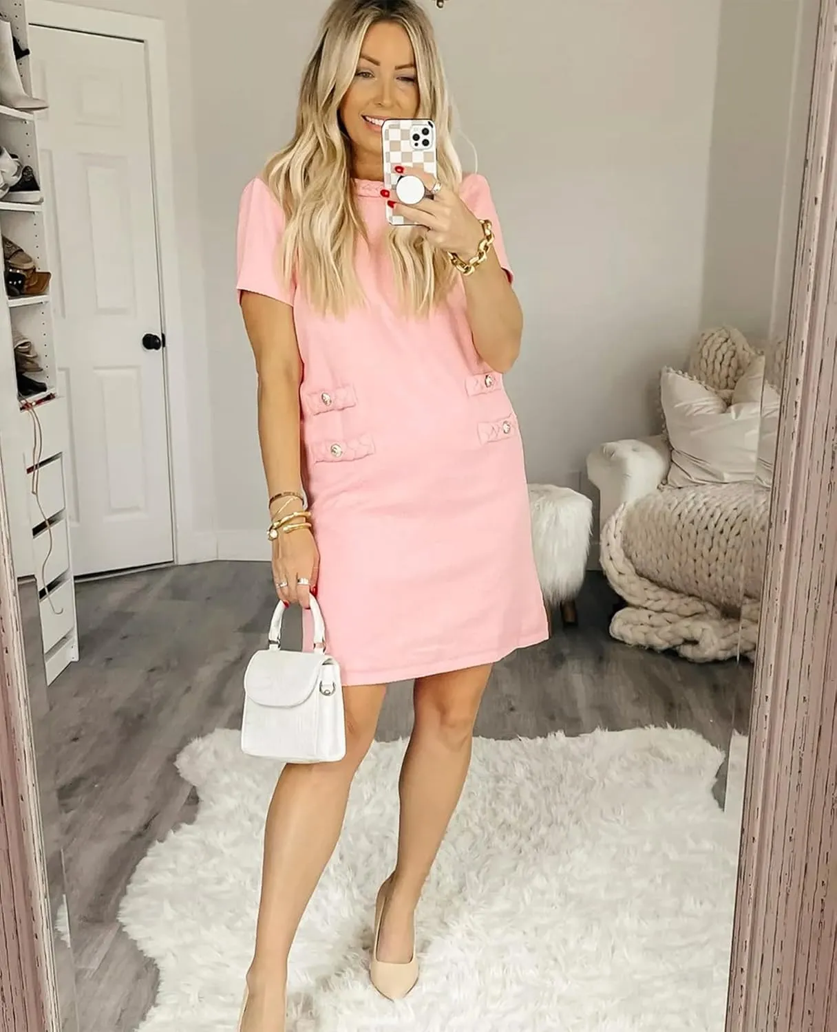 Womens Tweed Jackie Dress Elegant Crew Neck Short Sleeve Button Bodycon Mini Dress