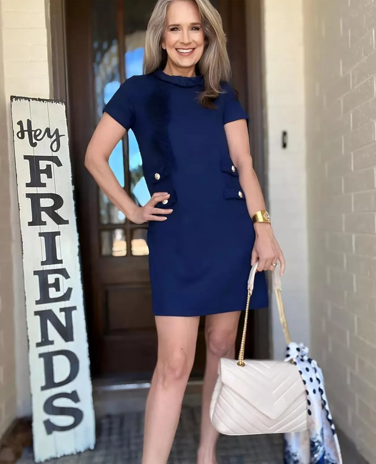 Womens Tweed Jackie Dress Elegant Crew Neck Short Sleeve Button Bodycon Mini Dress