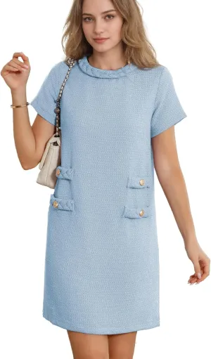 Womens Tweed Jackie Dress Elegant Crew Neck Short Sleeve Button Bodycon Mini Dress