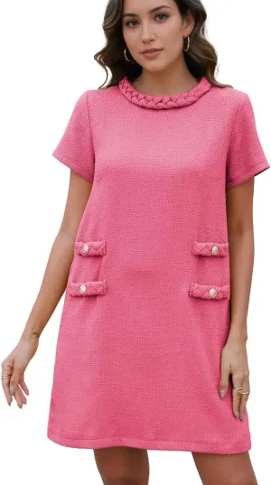 Womens Tweed Jackie Dress Elegant Crew Neck Short Sleeve Button Bodycon Mini Dress