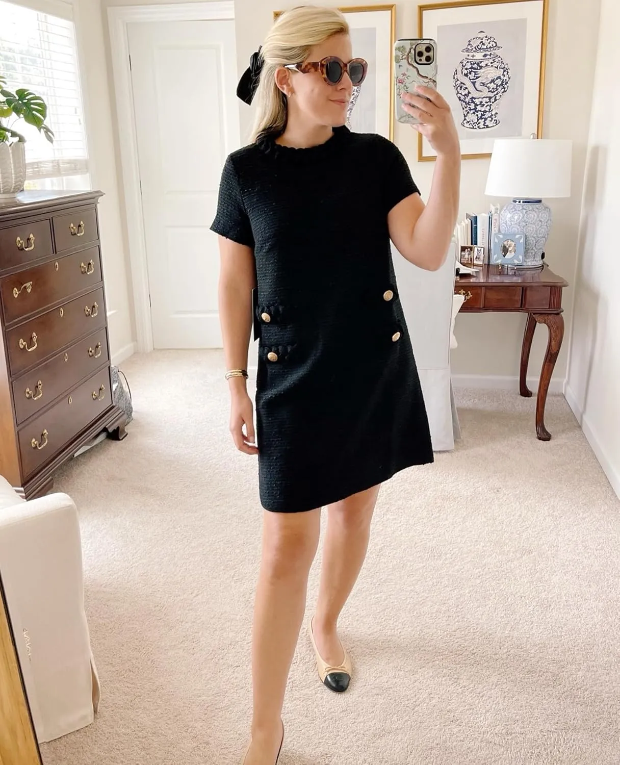 Womens Tweed Jackie Dress Elegant Crew Neck Short Sleeve Button Bodycon Mini Dress