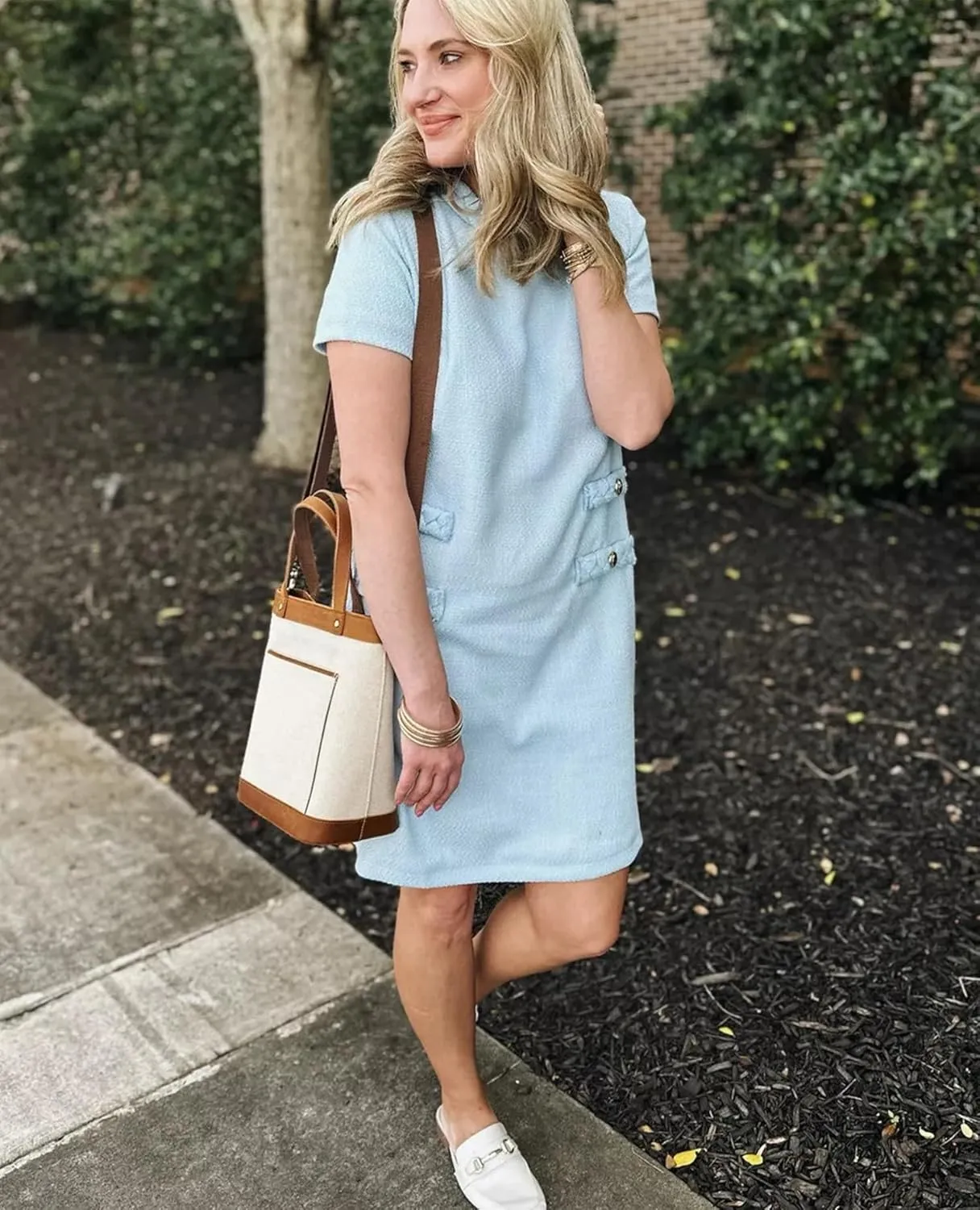Womens Tweed Jackie Dress Elegant Crew Neck Short Sleeve Button Bodycon Mini Dress