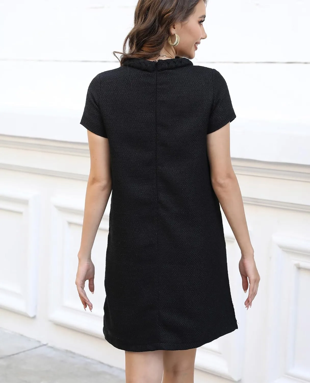 Womens Tweed Jackie Dress Elegant Crew Neck Short Sleeve Button Bodycon Mini Dress