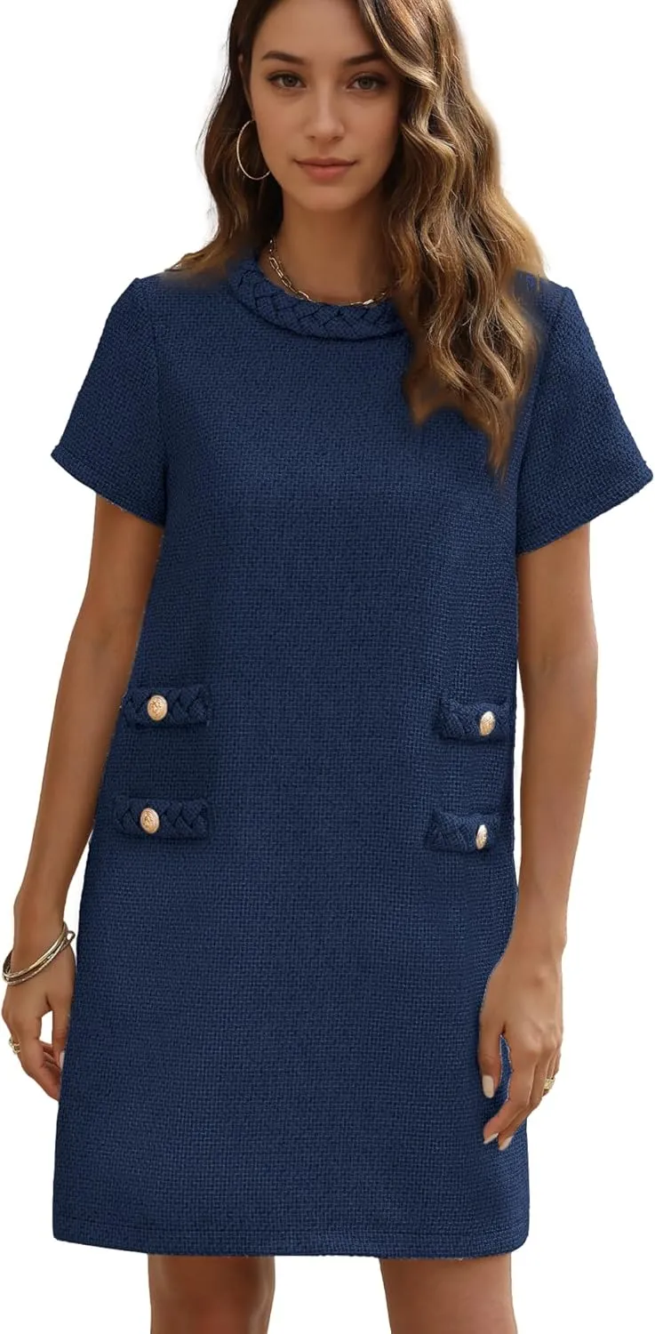 Womens Tweed Jackie Dress Elegant Crew Neck Short Sleeve Button Bodycon Mini Dress
