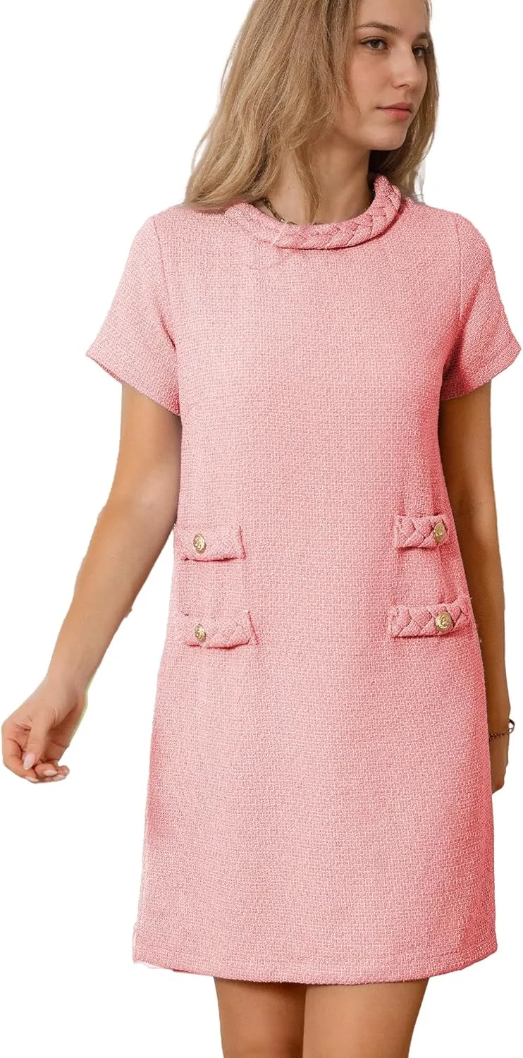 Womens Tweed Jackie Dress Elegant Crew Neck Short Sleeve Button Bodycon Mini Dress