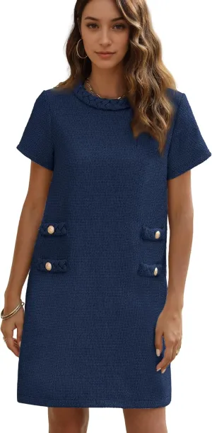 Womens Tweed Jackie Dress Elegant Crew Neck Short Sleeve Button Bodycon Mini Dress