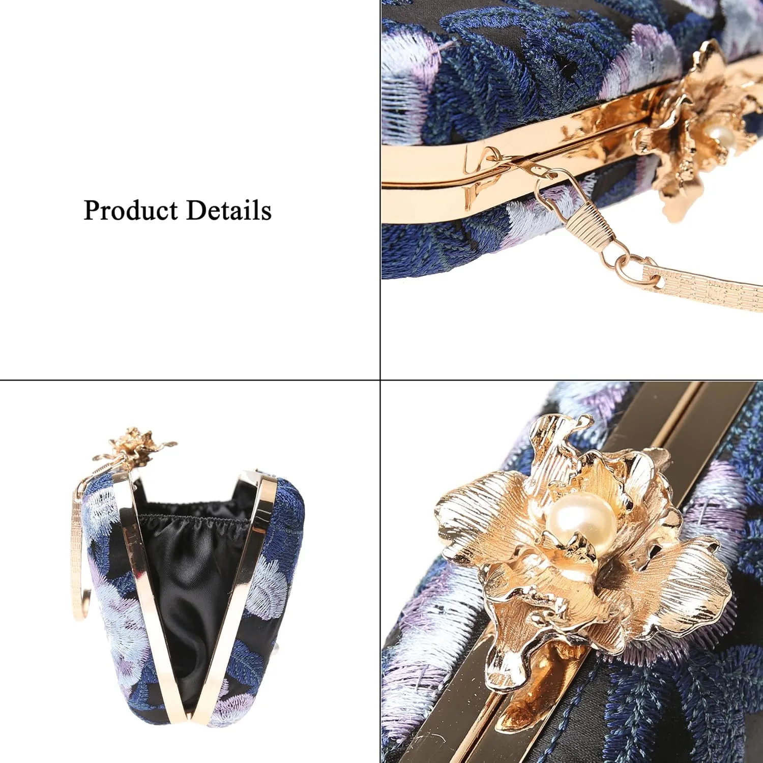Womens Vintage Floral Embroidery Clutch Evening Handbag Shoulder Bags Purse for Wedding Party Prom