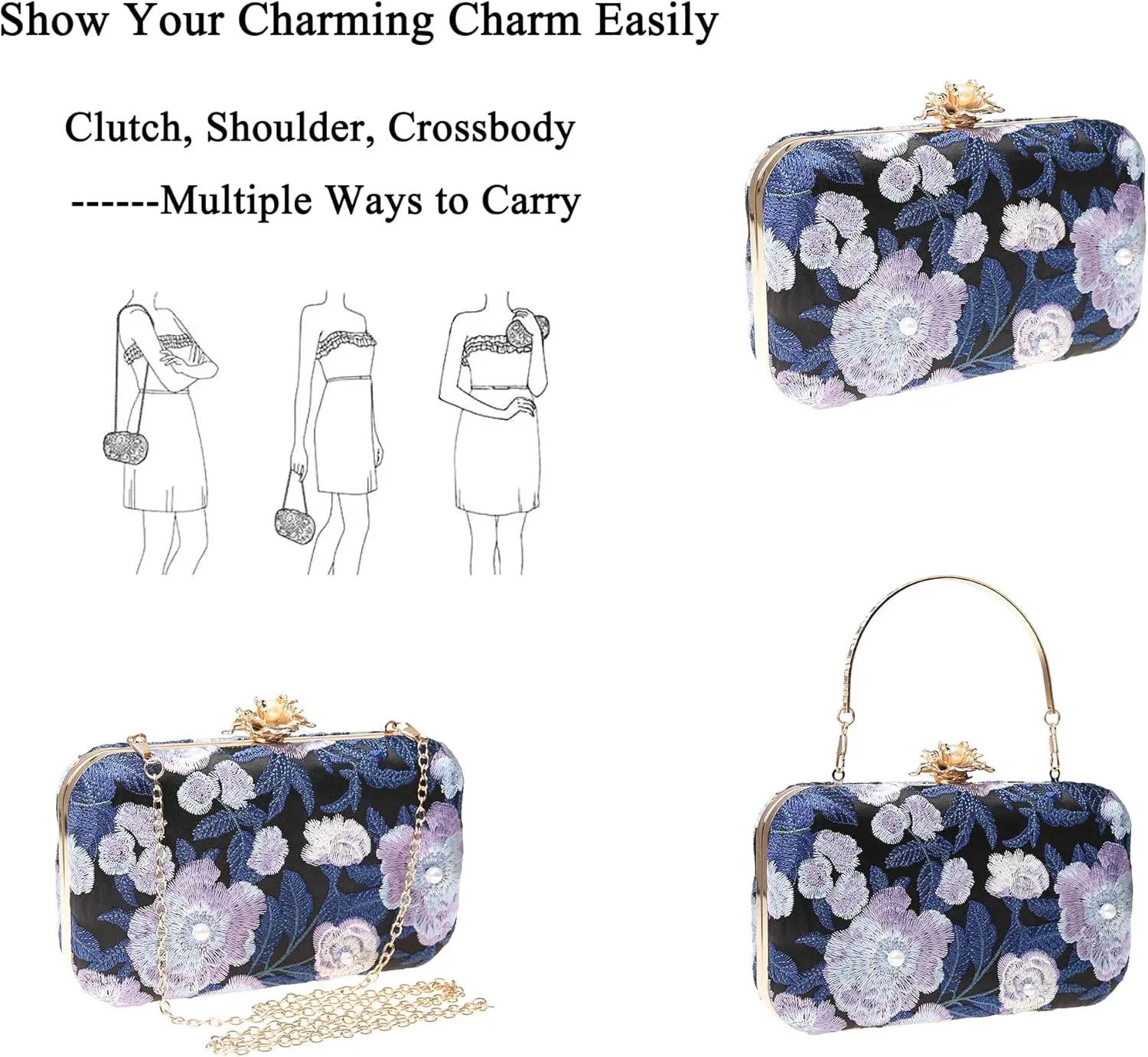 Womens Vintage Floral Embroidery Clutch Evening Handbag Shoulder Bags Purse for Wedding Party Prom