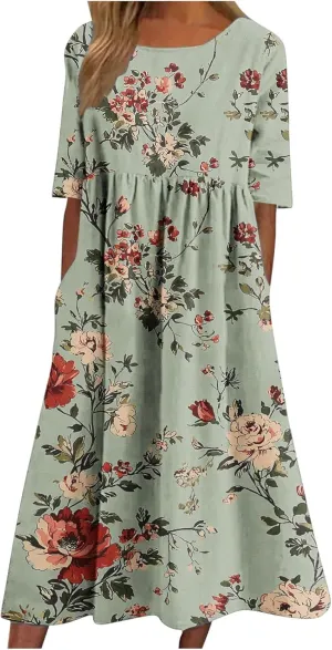 Women's Vintage Floral Print Dress Elegant Flowy Hem Maxi Skirts Comfy Loose Fit Dresses Going Out Daily Wear