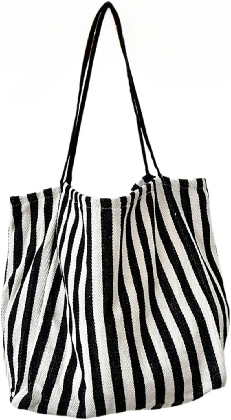 Women's Vintage Striped Shoulder Bag, Retro Large Capacity Totes, Female Trendy Art Shopping Bag