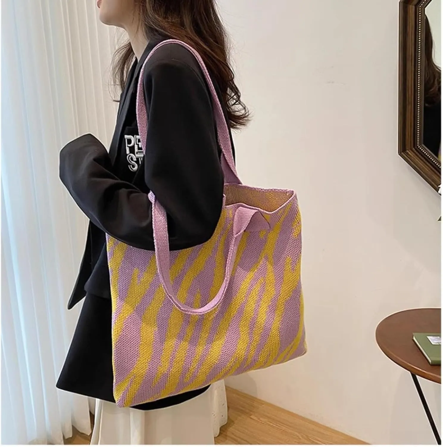 Women's Zebra-Stripe Knitted Tote Bag, Large Capacity Shoulder Bag, Trendy Zebra Print Woven Handbag