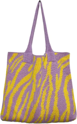 Women's Zebra-Stripe Knitted Tote Bag, Large Capacity Shoulder Bag, Trendy Zebra Print Woven Handbag