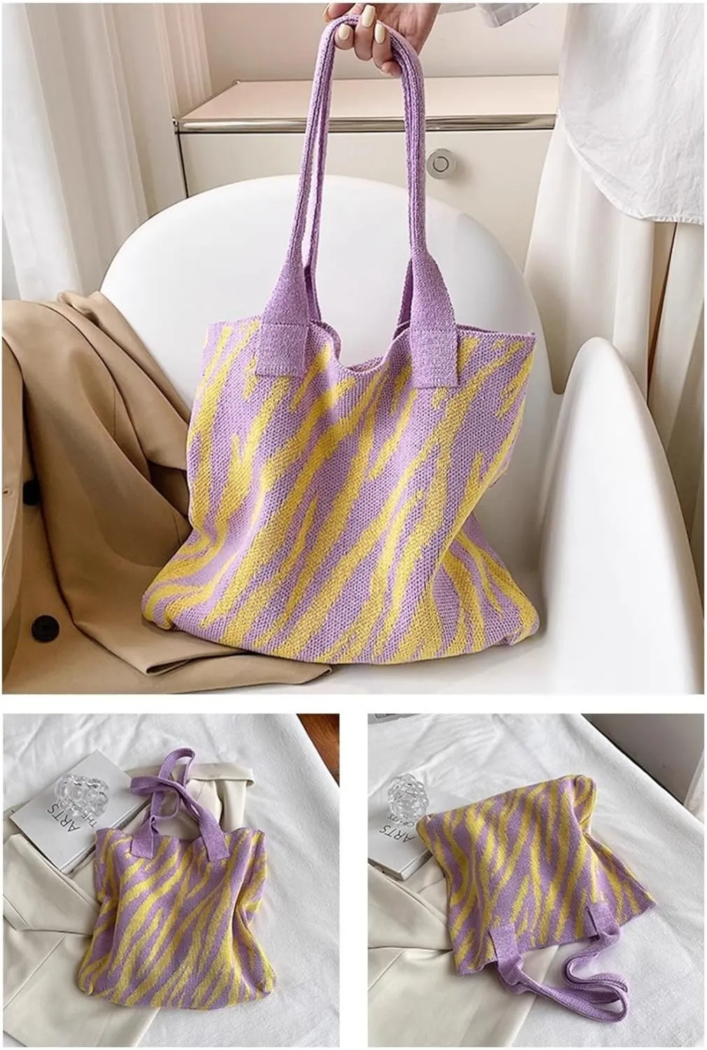Women's Zebra-Stripe Knitted Tote Bag, Large Capacity Shoulder Bag, Trendy Zebra Print Woven Handbag
