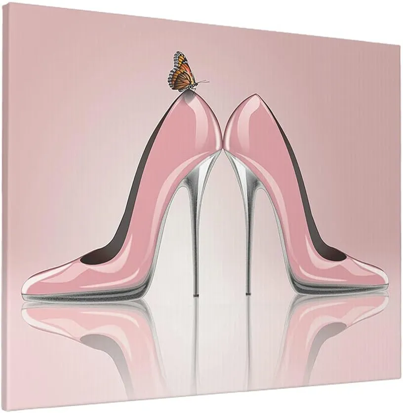 WONDERTIFY High Heel Painting Sexy Beauty Woman Elegant Shoes With Butterfly Canvas Wall Art For Home/Office/Living Room/Bedroom Artwork Decor Pink 20X24 Inch