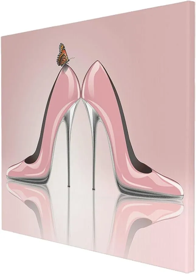 WONDERTIFY High Heel Painting Sexy Beauty Woman Elegant Shoes With Butterfly Canvas Wall Art For Home/Office/Living Room/Bedroom Artwork Decor Pink 20X24 Inch