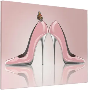 WONDERTIFY High Heel Painting Sexy Beauty Woman Elegant Shoes With Butterfly Canvas Wall Art For Home/Office/Living Room/Bedroom Artwork Decor Pink 20X24 Inch