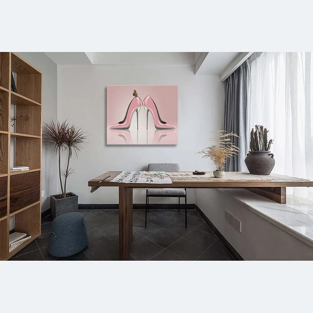 WONDERTIFY High Heel Painting Sexy Beauty Woman Elegant Shoes With Butterfly Canvas Wall Art For Home/Office/Living Room/Bedroom Artwork Decor Pink 20X24 Inch