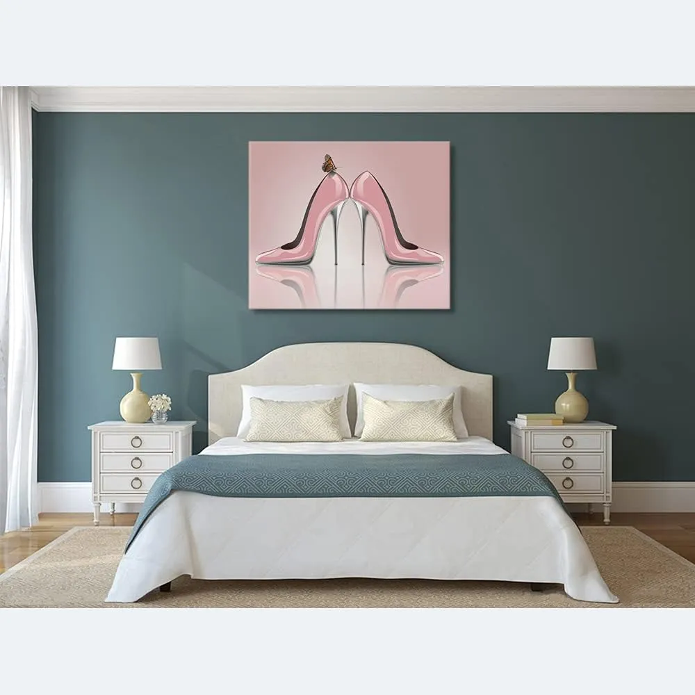 WONDERTIFY High Heel Painting Sexy Beauty Woman Elegant Shoes With Butterfly Canvas Wall Art For Home/Office/Living Room/Bedroom Artwork Decor Pink 20X24 Inch
