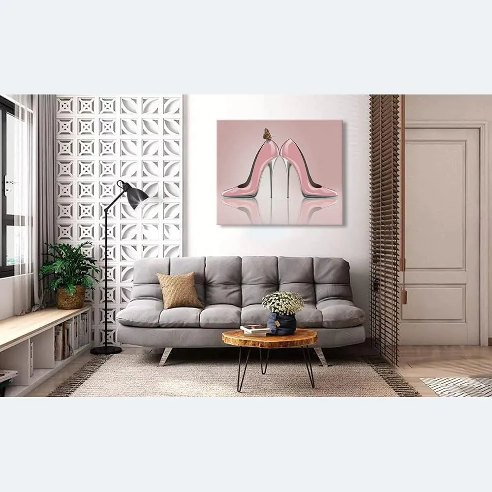 WONDERTIFY High Heel Painting Sexy Beauty Woman Elegant Shoes With Butterfly Canvas Wall Art For Home/Office/Living Room/Bedroom Artwork Decor Pink 20X24 Inch