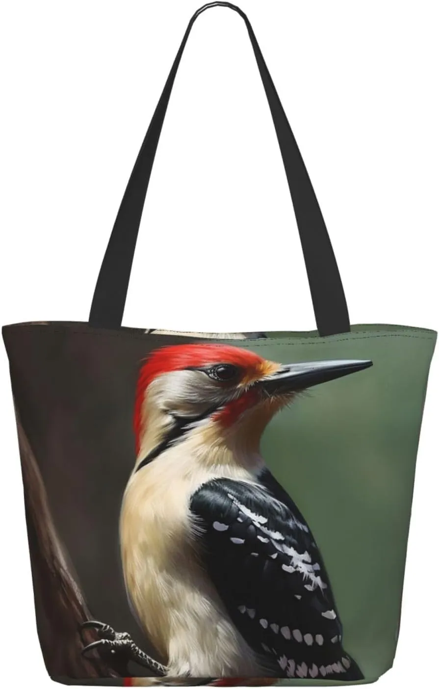 Woodpecker Tote Bag for Women Large Shoulder Bag with Zipper Travel Handbag with Pockets Reusable Shopping Bag Aesthetic Beach Bag
