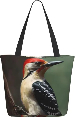 Woodpecker Tote Bag for Women Large Shoulder Bag with Zipper Travel Handbag with Pockets Reusable Shopping Bag Aesthetic Beach Bag