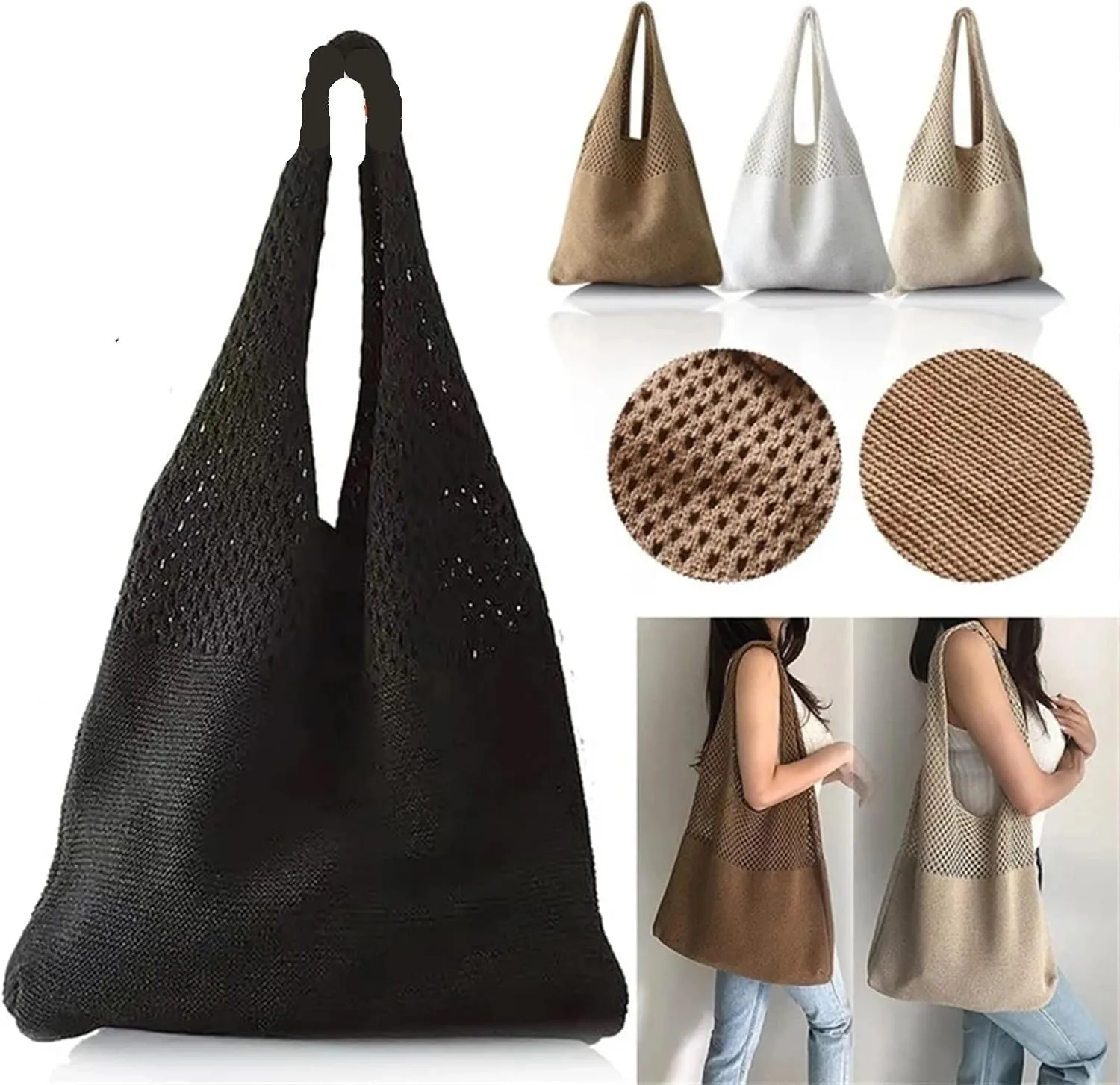 Wool Hollow Woven Shoulder Bag Womens Large Capacity Handbags Tote Travel Beach Bag Ladies Handle