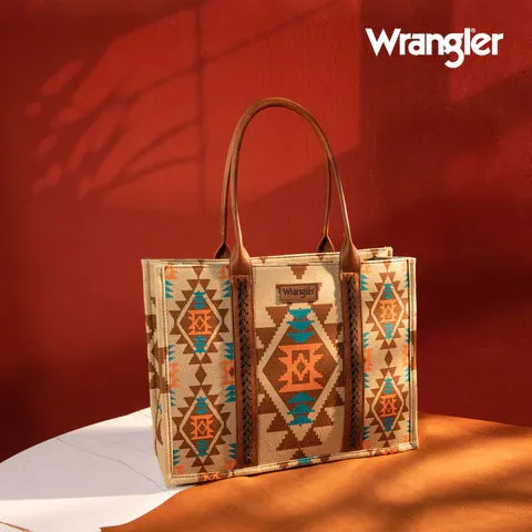 Wrangler Southwestern Pattern Dual Sided Print Canvas Wide Tote-Tan