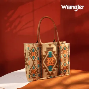 Wrangler Southwestern Pattern Dual Sided Print Canvas Wide Tote-Tan