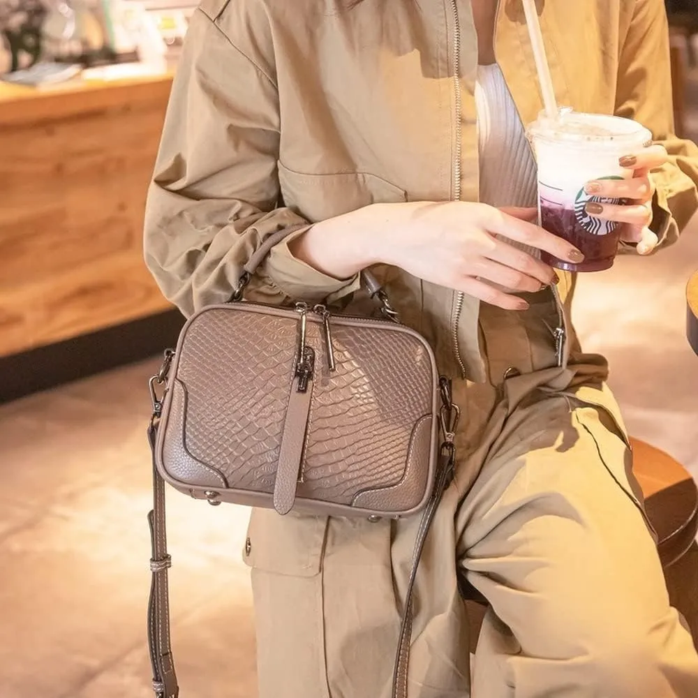 XXGJOALD-Women's Fashion Genuine Leather Handbags Crocodile Pattern Cross-Body Shoulder Bag Casual Messenger Bag (Black)