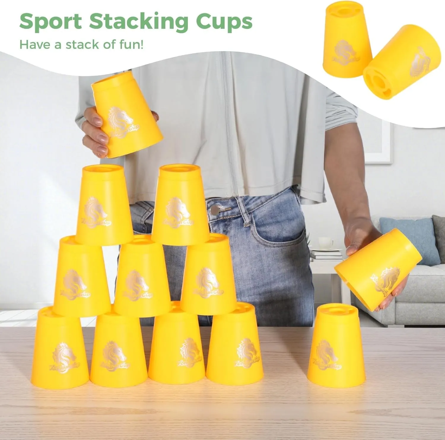 yeesport 48 PCS Sport Stacking Cups with Horse Pattern, Speed Training Game for Challenge Competition, Plastic Stacking Cups, Classic Family Game for Youth and Adults, Red Blue Green Yellow