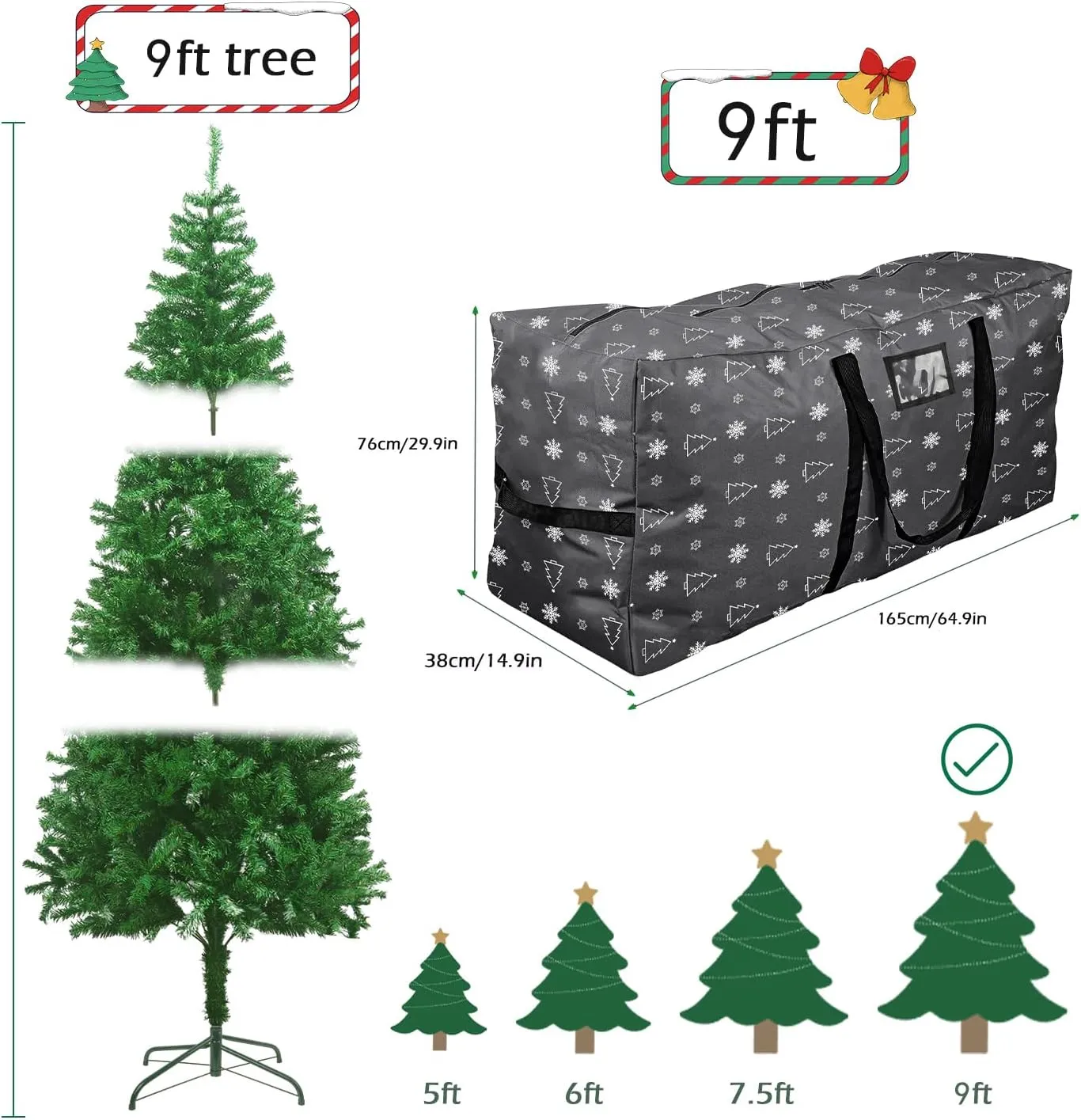 YiYa Christmas Tree Storage Bag 9 Ft Large Artificial Christmas Tree Bag With Handles 600D Oxford Fabric Waterproof Christmas Tree Storage Container Holiday Decoration Storage Bags (Black)