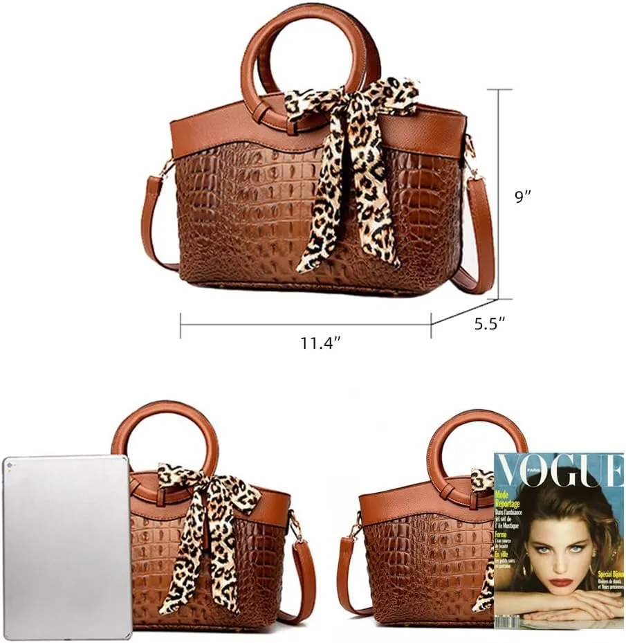 Yohora Women's Handbags Desinger Shoulder Purse Crocodile Pattern Crossbody Bag Leather Tote Purse with Leopard Scarf