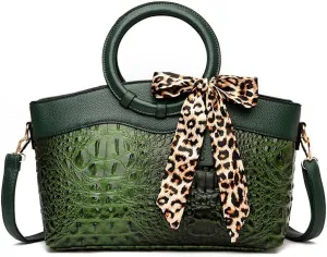 Yohora Women's Handbags Desinger Shoulder Purse Crocodile Pattern Crossbody Bag Leather Tote Purse with Leopard Scarf