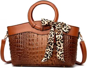 Yohora Women's Handbags Desinger Shoulder Purse Crocodile Pattern Crossbody Bag Leather Tote Purse with Leopard Scarf
