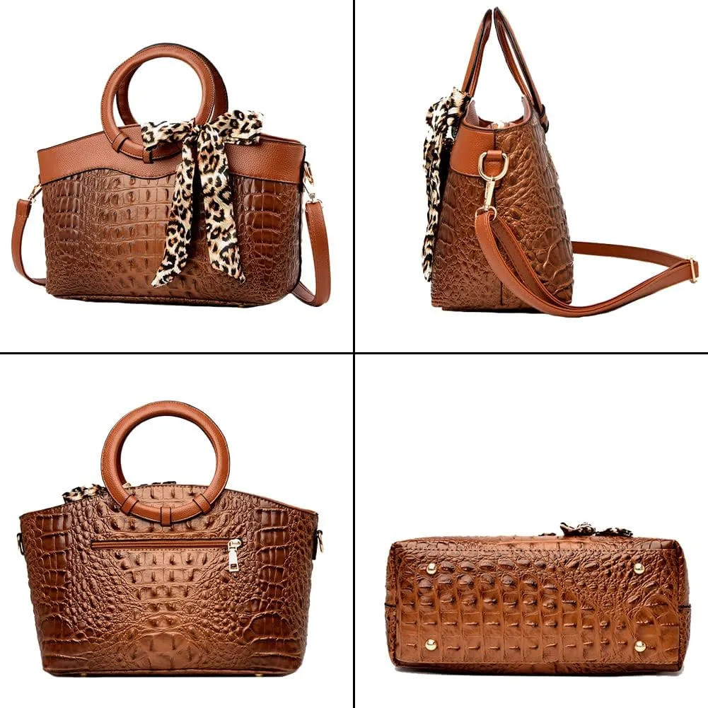 Yohora Women's Handbags Desinger Shoulder Purse Crocodile Pattern Crossbody Bag Leather Tote Purse with Leopard Scarf