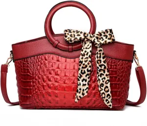 Yohora Women's Handbags Desinger Shoulder Purse Crocodile Pattern Crossbody Bag Leather Tote Purse with Leopard Scarf