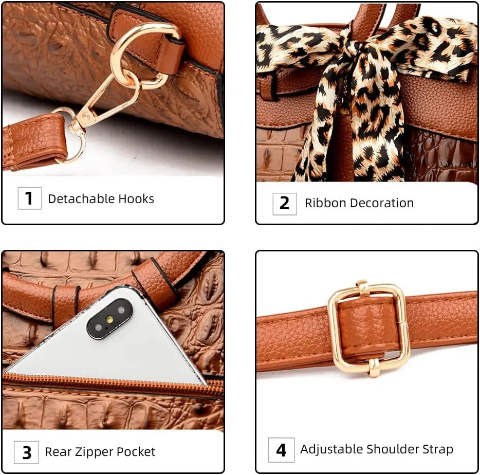Yohora Women's Handbags Desinger Shoulder Purse Crocodile Pattern Crossbody Bag Leather Tote Purse with Leopard Scarf
