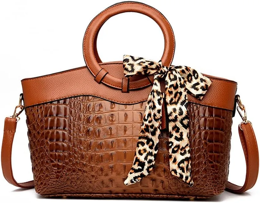 Yohora Women's Handbags Desinger Shoulder Purse Crocodile Pattern Crossbody Bag Leather Tote Purse with Leopard Scarf